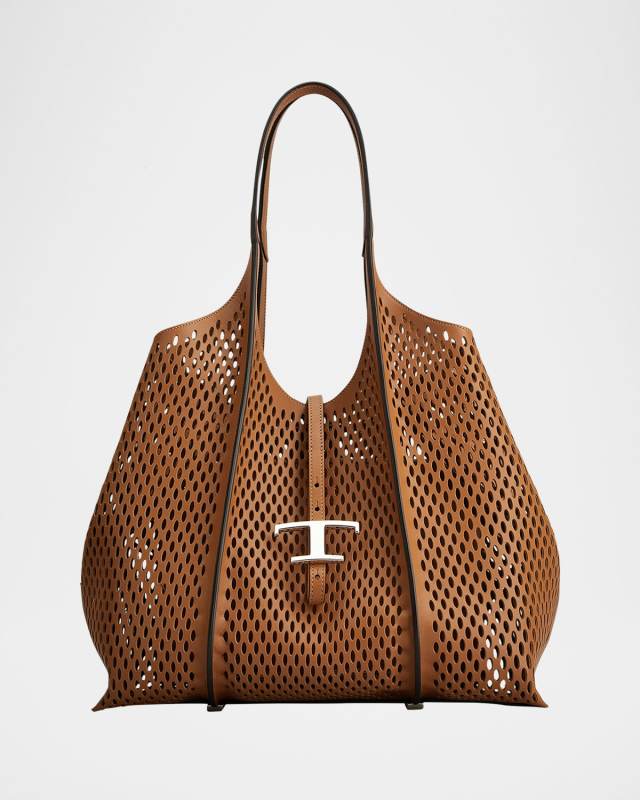 Medium Laser-Cut Leather T Timeless Shopping Tote Bag